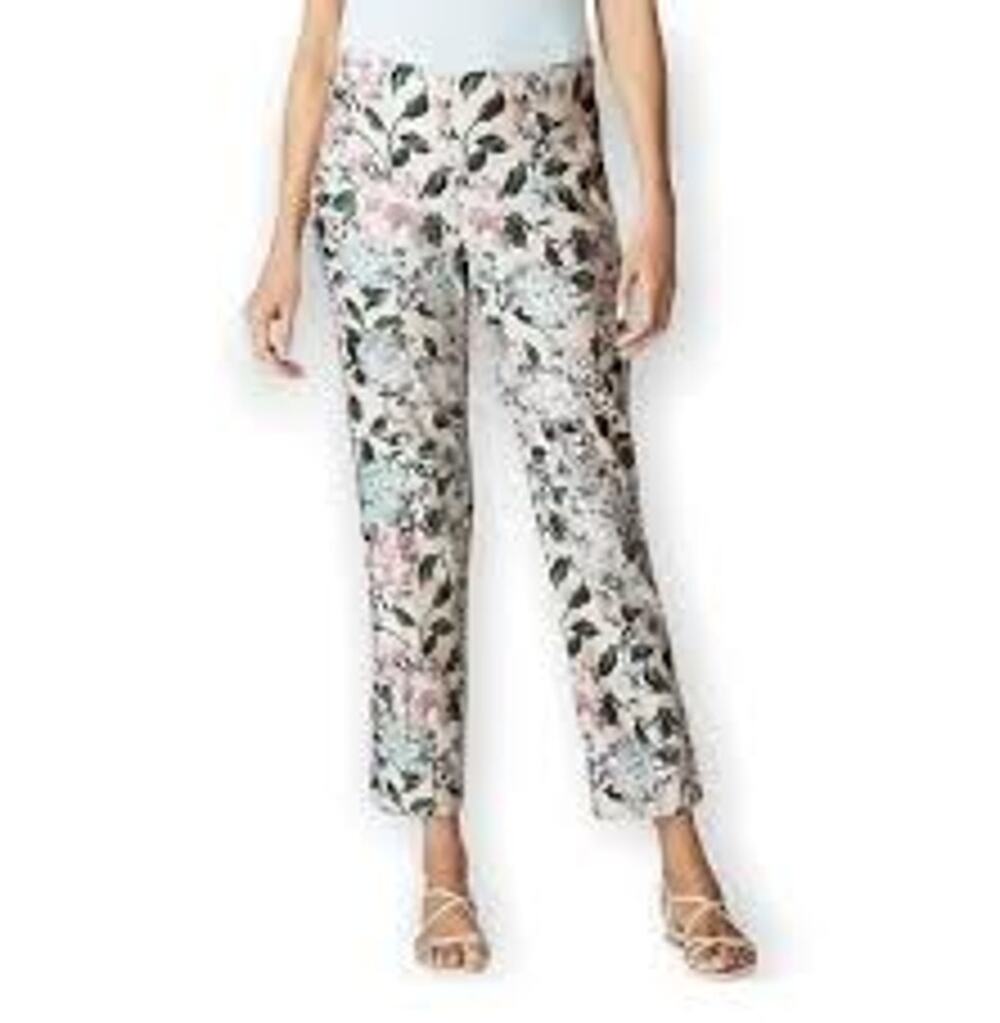 J Jill Linen Blend Floral Ankle Pant Womens Size Small Nwt Button Hem Blue Cream